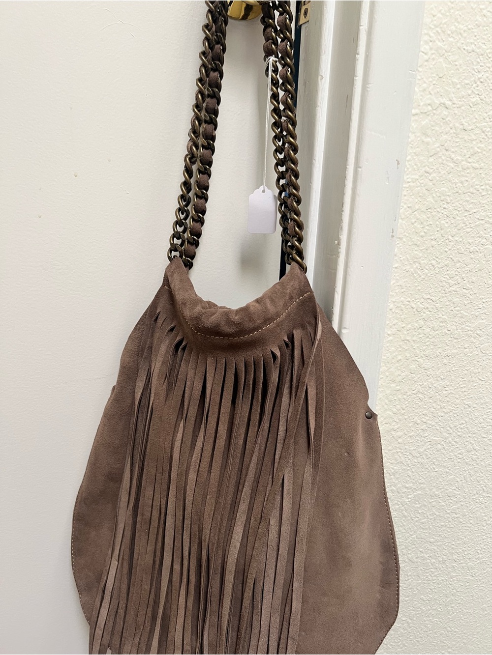 Fringe Suede Shoulder Bag in Taupe